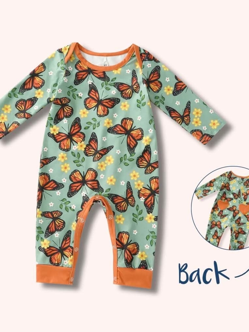 Butterfly Print Long-Sleeve Baby One-Piece in Mint and Orange